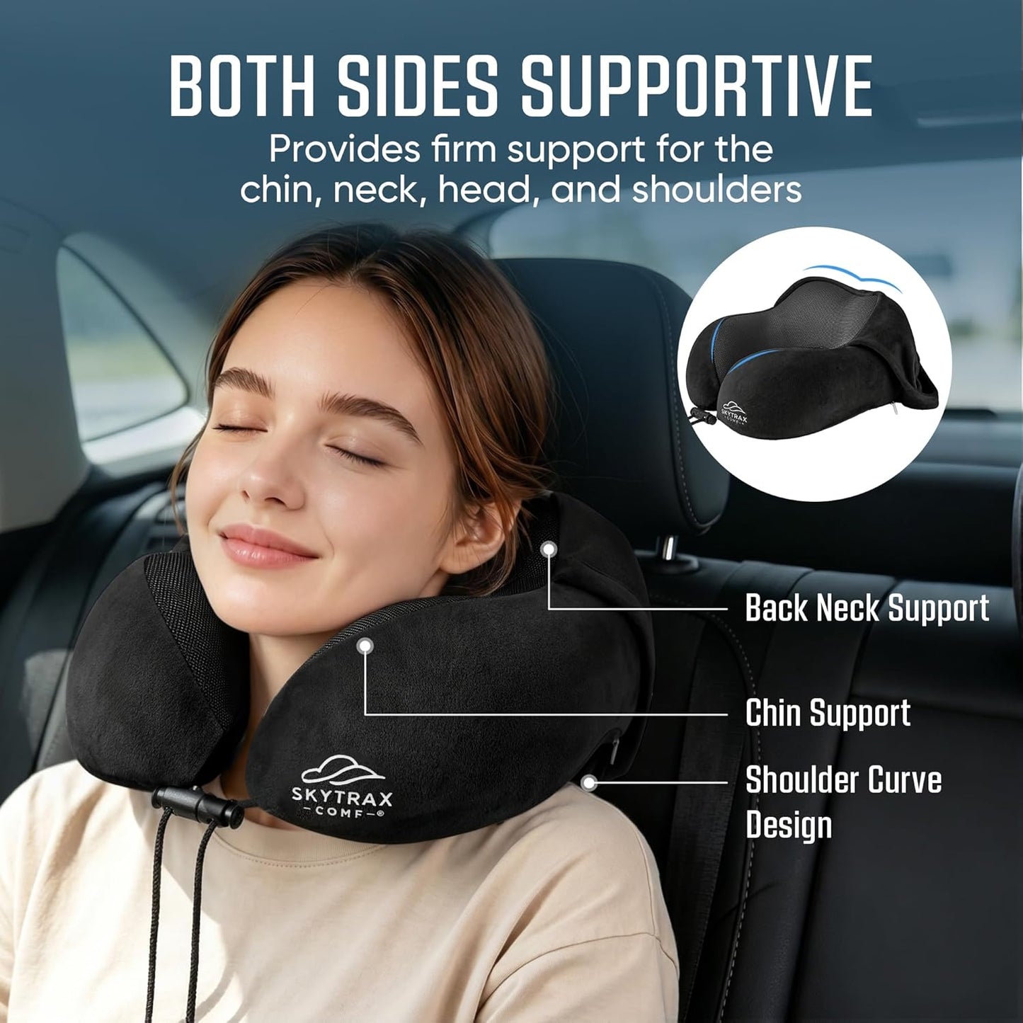 SkytraxComf® Travel Neck Pillow with Hood for Privacy on Long Flights | Memory Foam | Airplane Sleep | Safety-Tested Materials | Extra Large Hood | Chin Support | Earplugs | Washable Cover