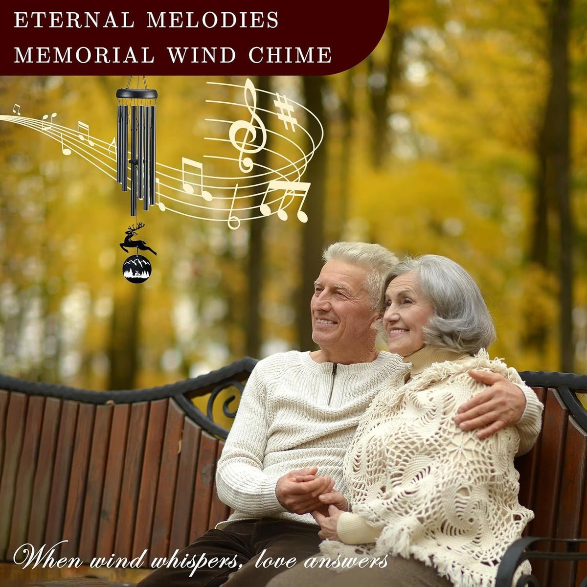 Wind Chimes for Outside, 32" Memorial Wind Chimes for Loss of Loved One Mother Father, Memorial Sympathy Gift Outdoor Garden Patio Decor, Deer Xmas Decorations (Black)