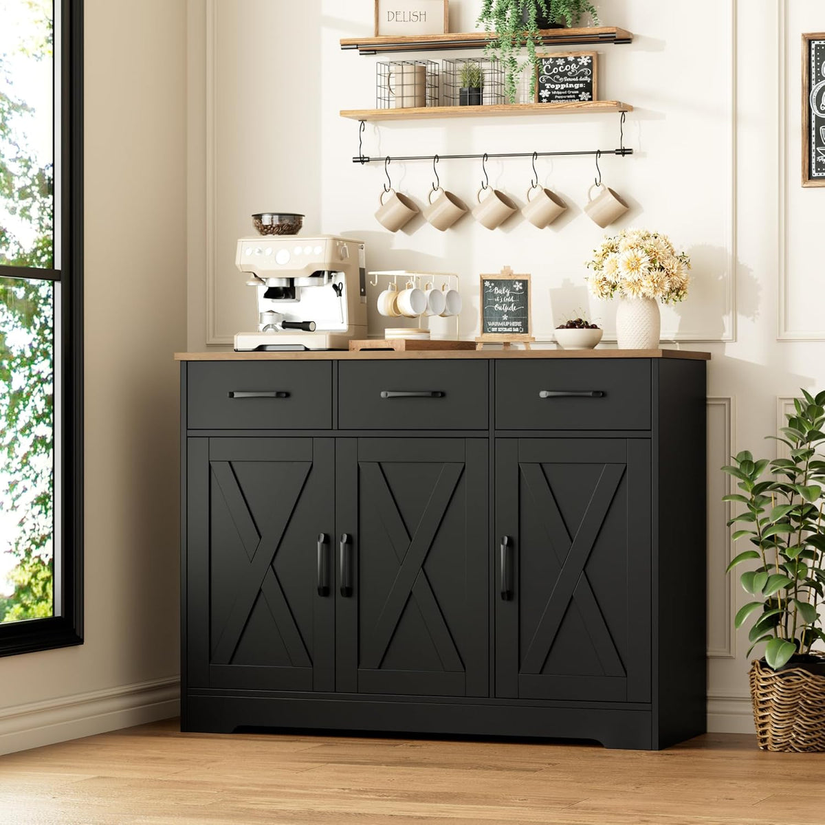 HOSTACK Kitchen Buffet Cabinet with Storage, Sideboard Coffee Bar, Black | Farmhouse Kitchen Storage Cabinet with 3 Drawers & Adjustable Shelf & Doors, 42.5"W Buffet Table for Dining Living Room