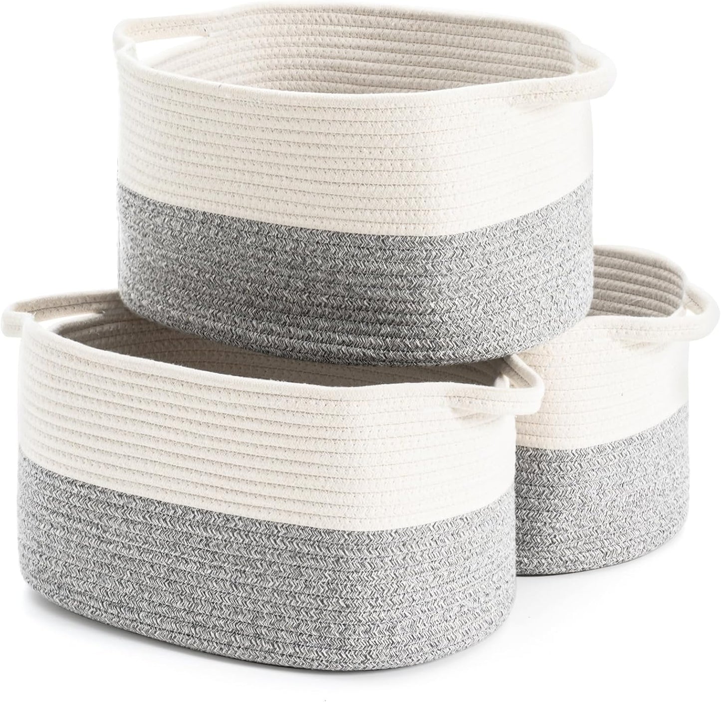 DUHEL Cotton Rope Woven Storage Basket (White&Khaki-3PCS) | Used for Baby Hamper Toy Organizer, Gift Baskets Empty,Kids,Baby,nursery. Size 15x10x8.7 Inches.