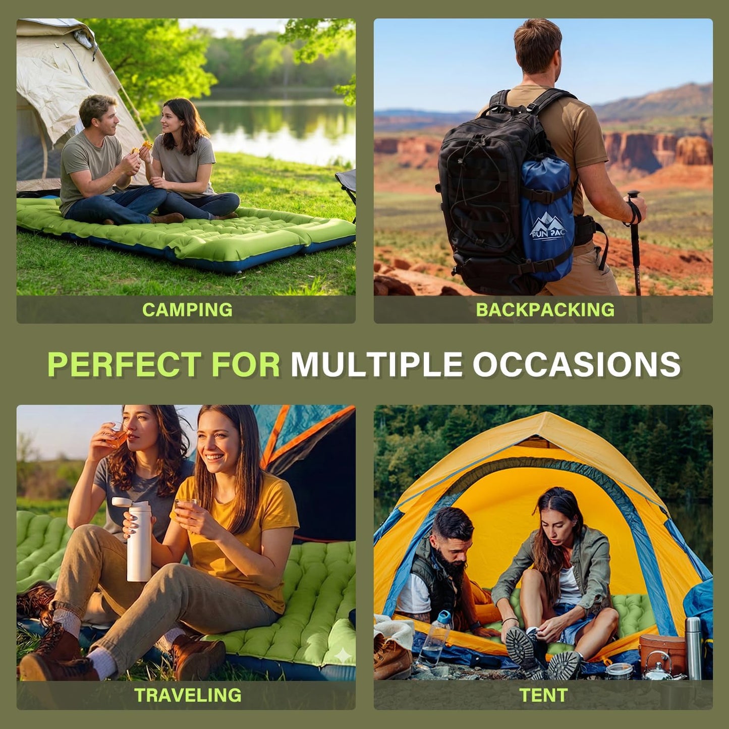 FUN PAC Camping Sleeping Pad, Ultralight Camping Mat with Pillow, Built-in Foot Pump Inflatable Sleeping Pads Compact for Camping Backpacking Hiking Traveling Tent,Single,Green