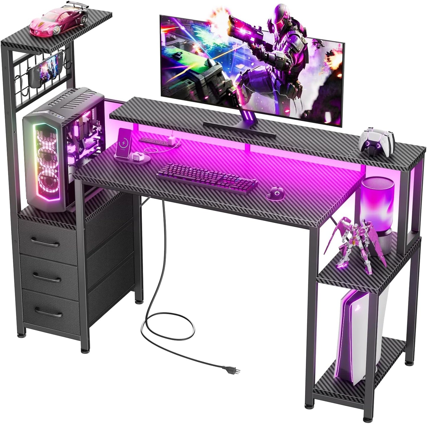 Korfile 48 Inch Gaming Desk with LED Lights & Power Outlets,Computer Desk with Fabric Drawers & Side Hook,Reversible Gamer Table with Monitor Stand for Game Room,Home Office,Carbon Fiber Black
