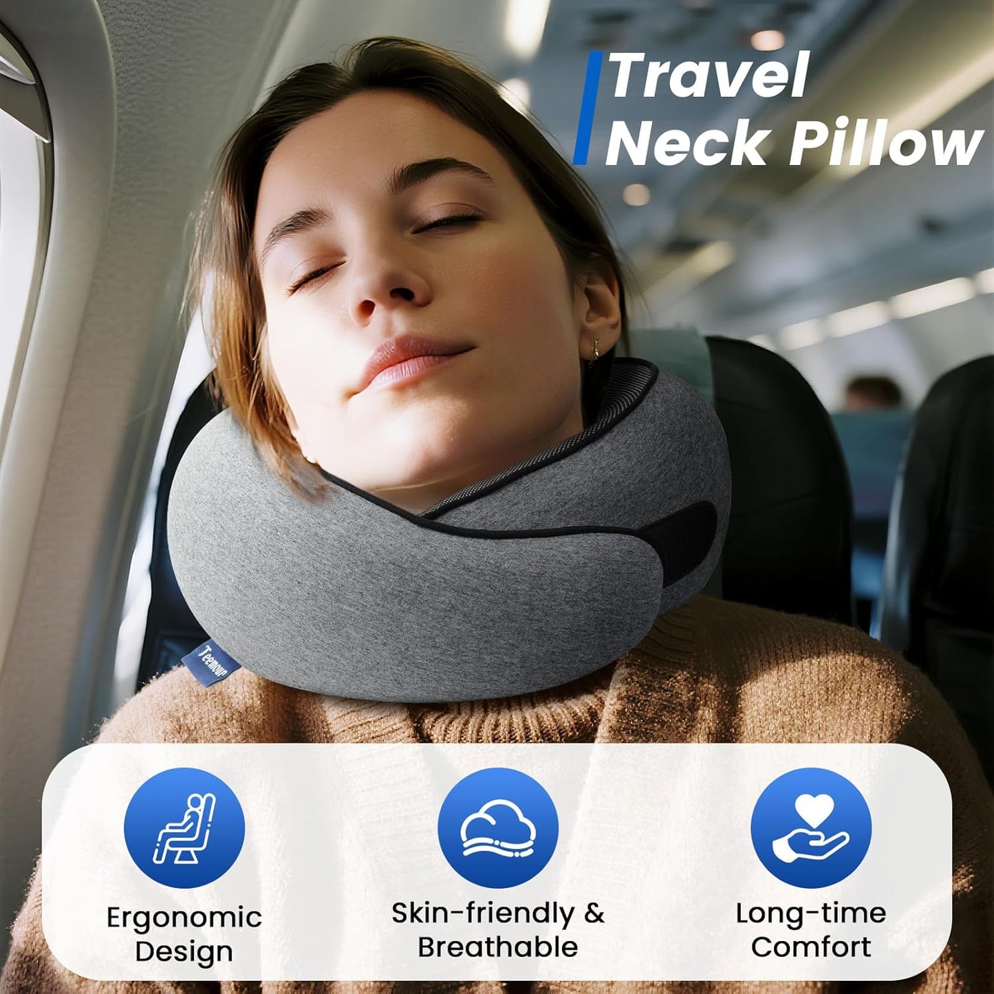 Travel Pillow Memory Foam Neck Pillow for Airplanes Long Flight Comfort 360° Support Airplane Pillow Design for Car Rides, and Home Use Travel Essentials, with Eye Mask, Earplugs and Storage Bag Large