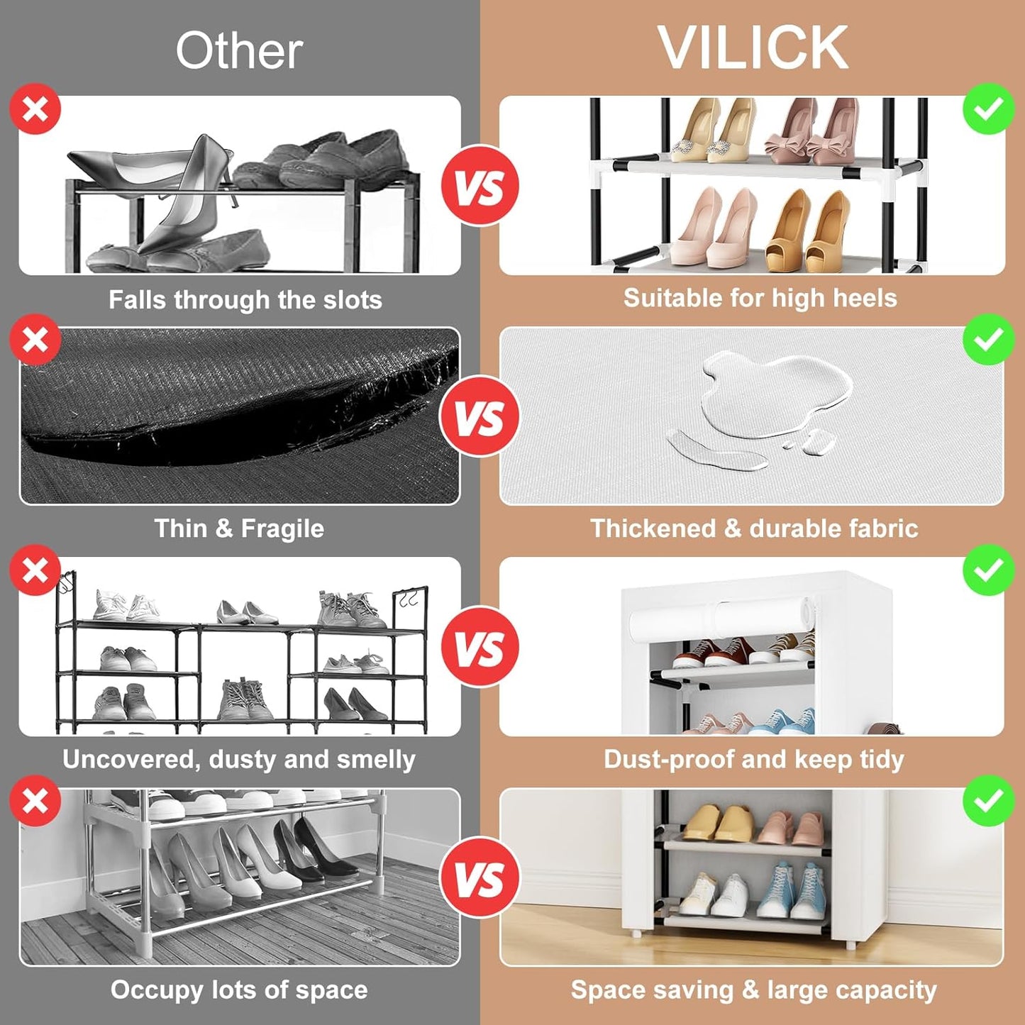 VILICK Shoe Rack with Cover Narrow Shoe Rack Organizer with 4 Side Pockets 10 Tier Tall Shoe Storage Shoe Shelf Holds 18-22 Pairs Shoes and Boots Shoe Rack for Closet, Printing
