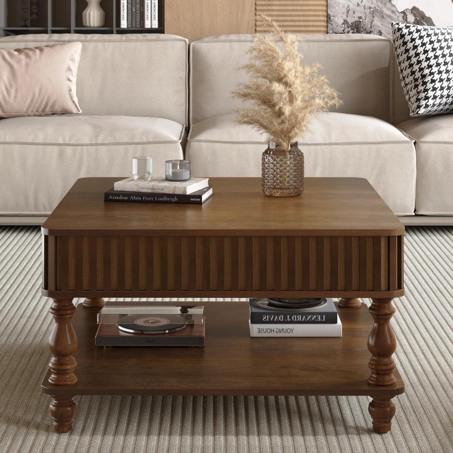 31.5 Inch Square Lift Top Coffee Table with Hidden Storage, 2 Tier Wooden Square Fluted Coffee Table with Open Shelf & Sculpted Legs, Retro Center Table for Living Room, Apartment, Home Office, Walnut