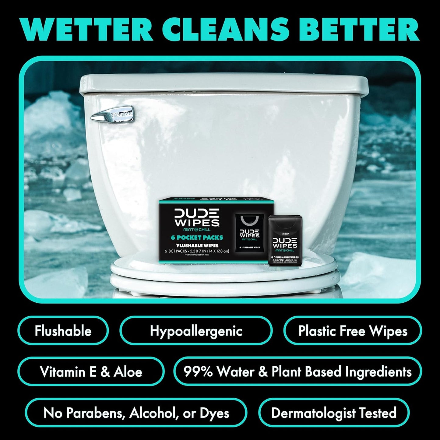 DUDE Wipes Mint Chill Pocket Packs - Travel Wipes - 6 Packs of 8 (48 Count) - On-The-Go Adult Flushable Wipes - Infused with Tea Tree Oil, Vitamin E, and Aloe - Septic and Sewer Safe