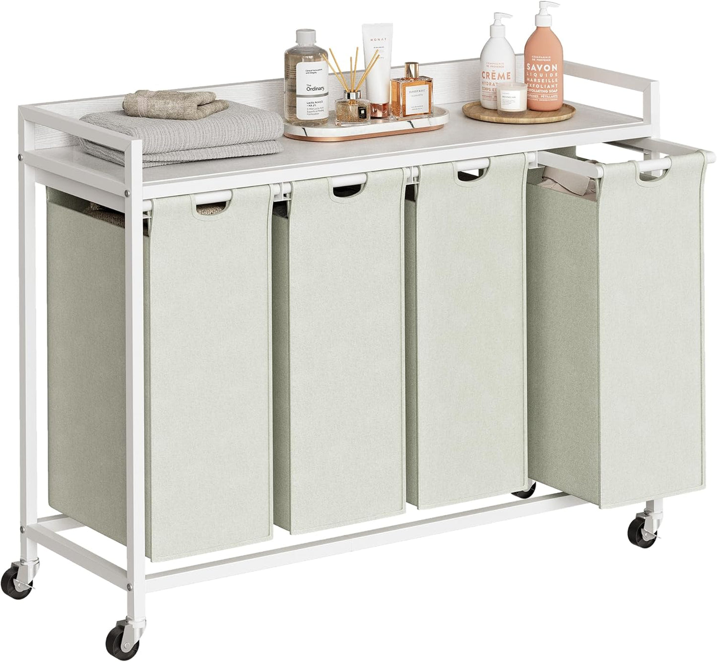 Herture Laundry Hamper with Shelf, Laundry Basket 4 Section, Laundry Sorter with Pull-Out Removable Large 4 Color Bags and Movable Wheels, Metal Frame, 4 x 15.87 Gallons (60L), Rustic Brown PF07XLN