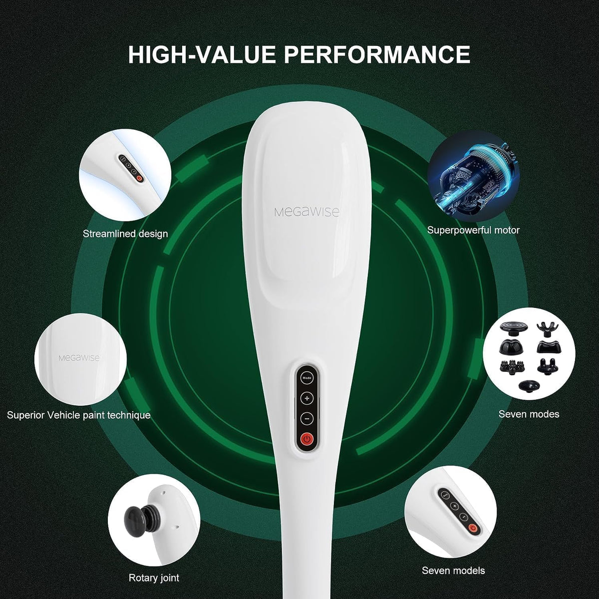 MEGAWISE Cordless Back Massager for Shoulders, Waist, Legs, Rechargeable 3200mAh Battery, 5 Speed and 5 +2 Massage Nodes 5 Hard, 2 Silicone Nodes, Massage While Moving Around (Off White Cordless)