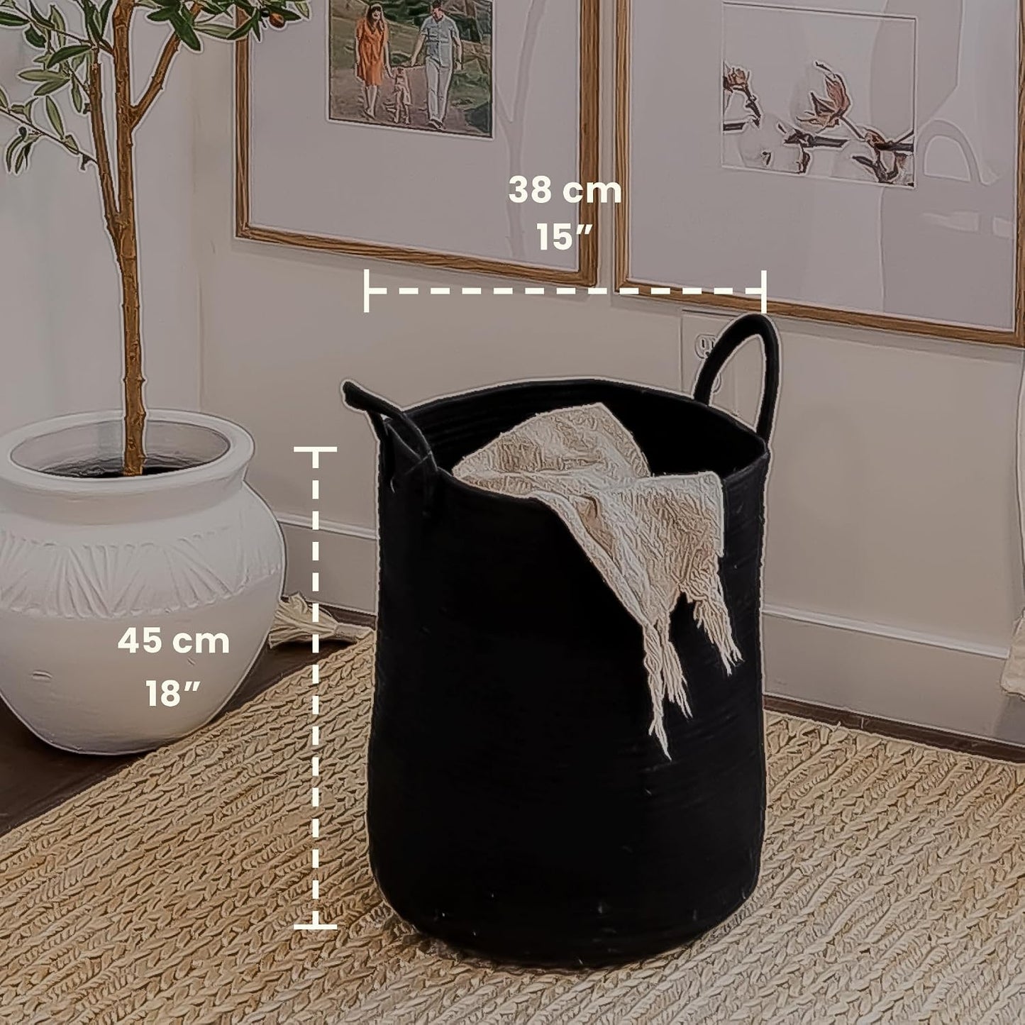 OrganiHaus Tall Cotton Rope Laundry Basket & Hamper, Blanket Storage 52L | Full Black - Tall Cotton Rope Hamper, 52L