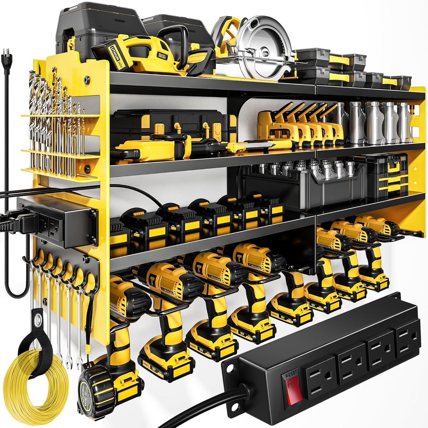 POKIPO Large Power Tool Organizer Wall Mount with Charging Station,4 Layer Heavy Duty Metal Storage Rack Loads 600lbs with 8 Cordless Drill Holder,Battery Utility Rack Gift for Garage workshops Room