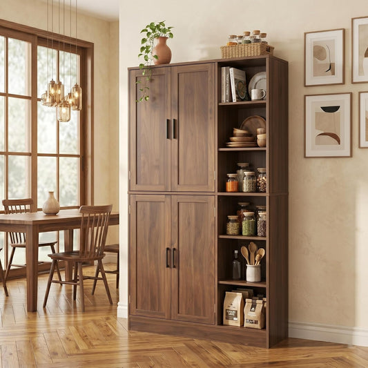 holzart 63" Tall Kitchen Pantry Cabinet, Freestanding Dining Room Storage Hutch with 4 Doors and Adjustable Shelves, Modern Utility Cupboard for Coffee Bar and Microwave, Brown