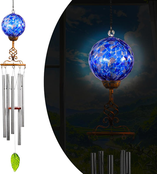 Wind Chimes, Solar LED Outdoor Garden Lighting, Light Biue Glass and Metal Wind Chime Lawn and Yard Decoration with Bronze Metal Finial, 5 x 46.5 Inch (Dark Blue)