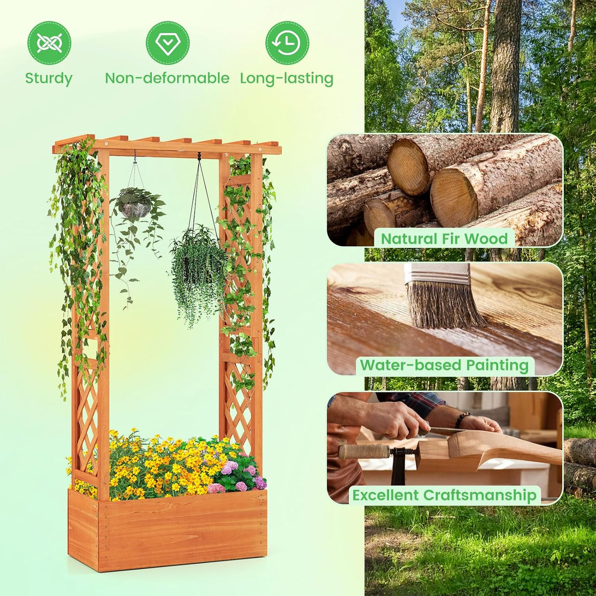 S AFSTAR Raised Garden Bed with Trellis, 2 Pieces Wood Planter Box with Hanging Roof & Drainage Holes for Climbing Plants, Vines, Flowers & Vegetables, Indoor Outdoor Plant Container for Patio & Yard