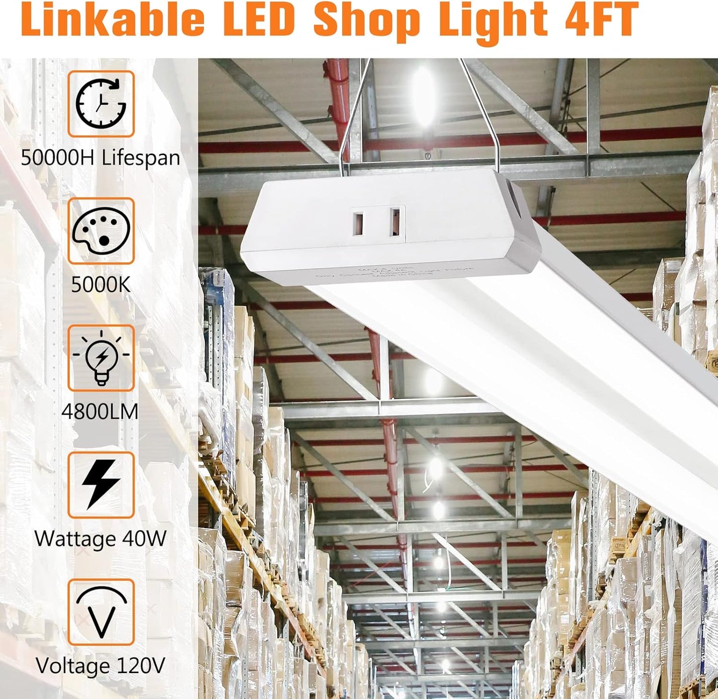 4FT Linkable LED Shop Light for Garages, 42W 4800LM 5000K Daylight Led Shop Lights, Ceiling Light with Pull Chain (ON/Off), Linear Worklight Fixture with Plug, 2 Pack