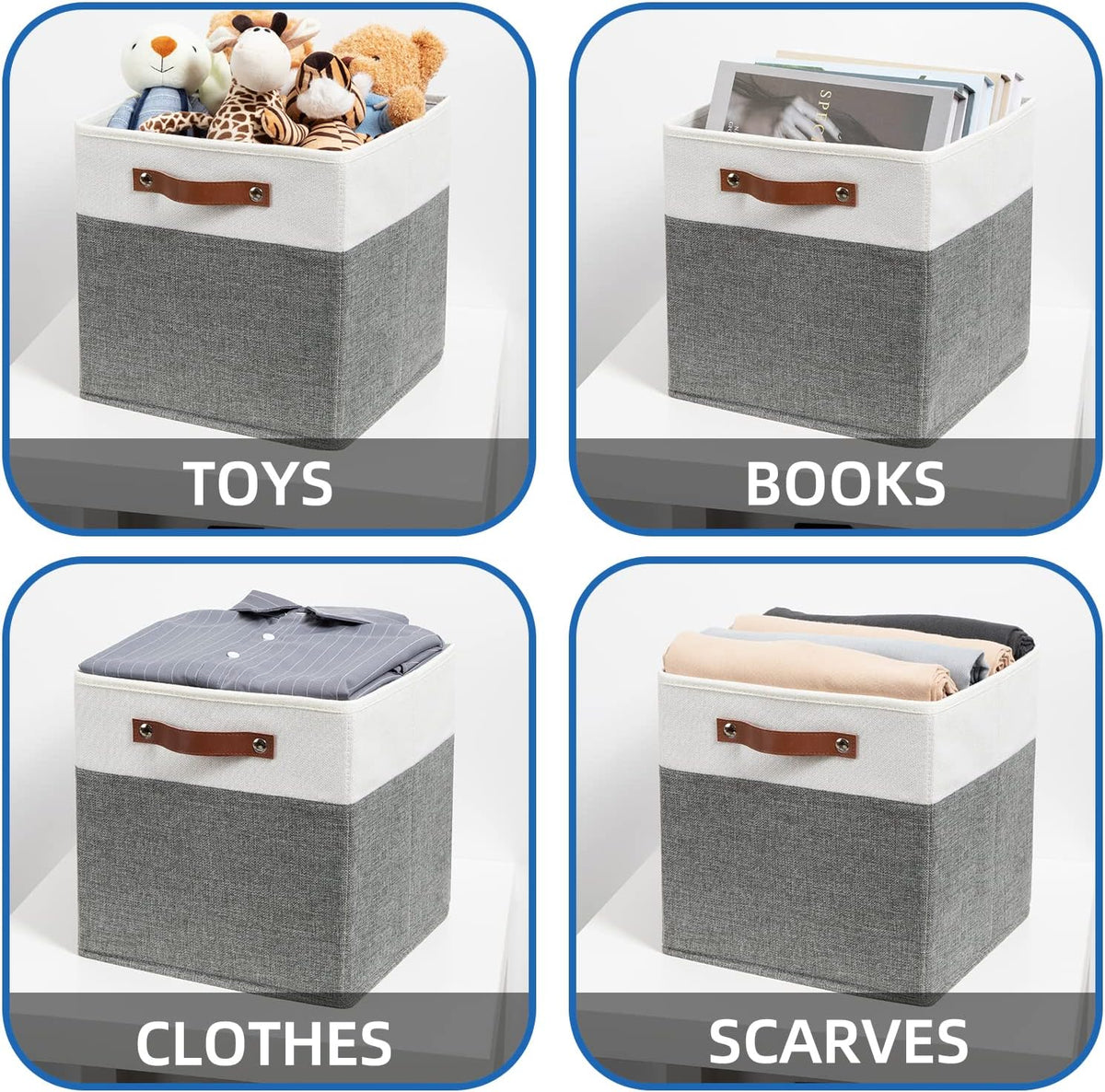 Temary Storage Cubes 12x12 Fabric Cube Storage Bins Foldable Storage Baskets with Handles, Decorative Storage Boxes for Organizing, Home, Office, Nursery, Shelf, Closet (White & Grey, 12 x 12 x 12)