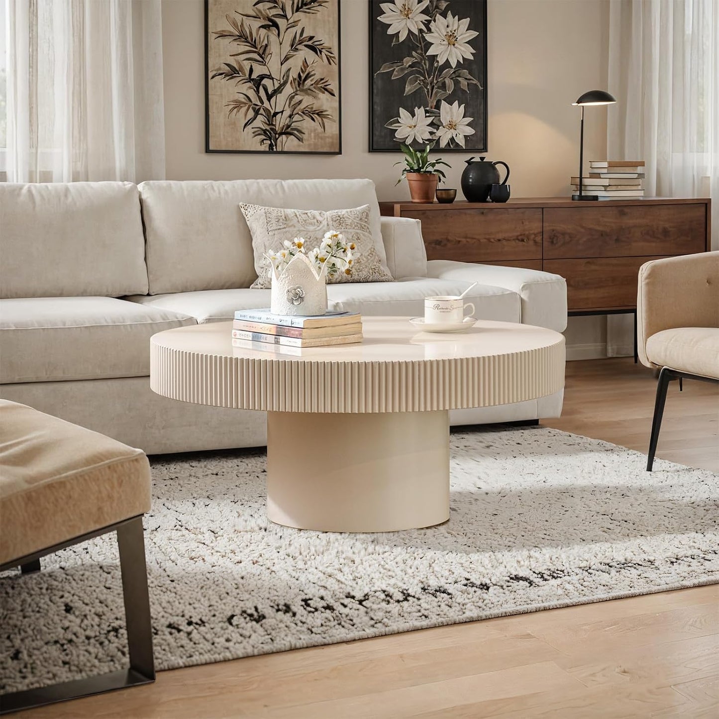 White Round Fluted Coffee Table for Living Room (Ivory White Thin Desktop) | Relief Edges, Circular Drum Coffee Table, for Office Outdoor