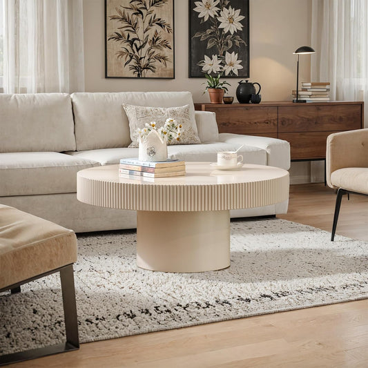 White Round Fluted Coffee Table for Living Room (Ivory White Thin Desktop) | Relief Edges, Circular Drum Coffee Table, for Office Outdoor