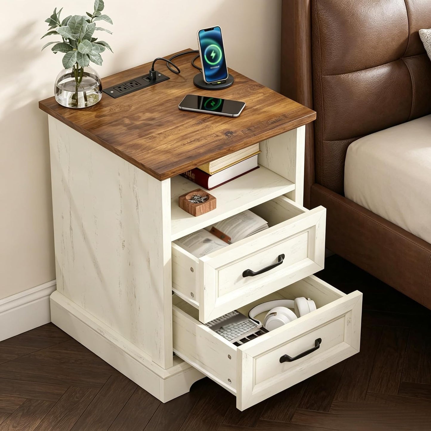 HOMMPA Farmhouse Nightstand w/Charging Station, Open Shelf, Rustic White