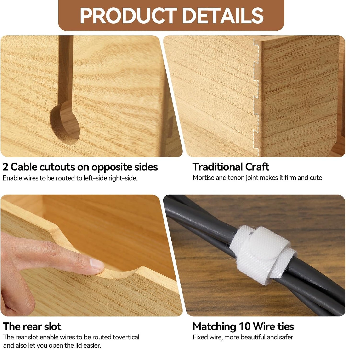 KIRIGEN Wooden Cable Management Box Set of 2, Cord Organizer, Natural | Large and Small Solid Wood Boxes with Removable Lids for Power Strips, Chargers, Routers, and Desks Home Office