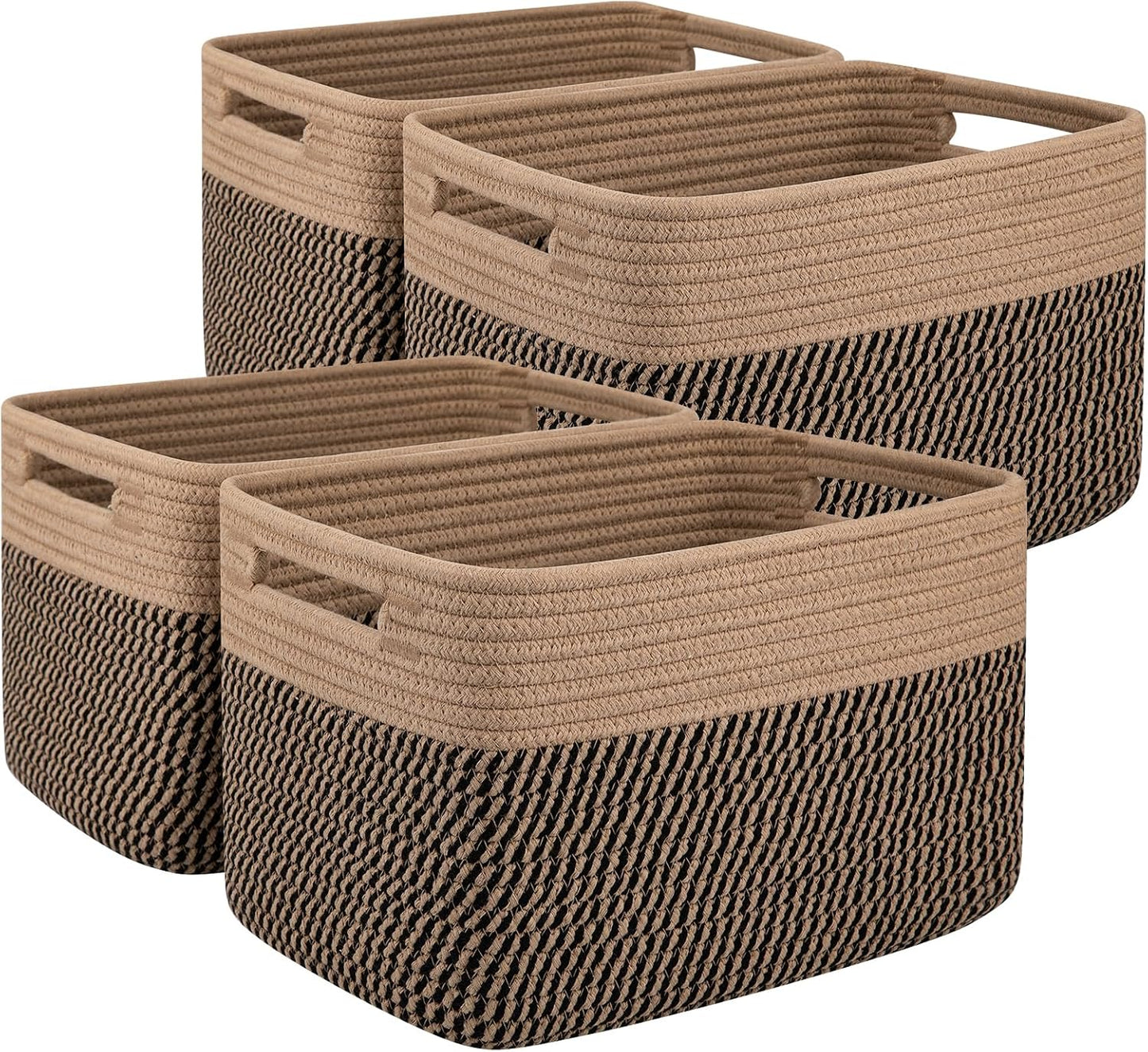OIAHOMY 4 Pack Storage Basket, 13"x9"x7.8" Cotton Rope Baskets for Shelves, Closet Organizer for Bedroom & Living Room, Soft Decorative Bins for Organizing Towels, Books & Toys, Brown & Black