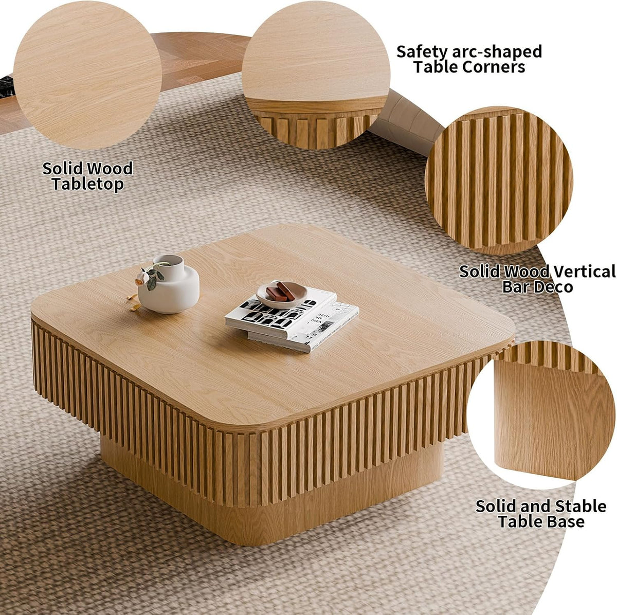 LKTART Coffee Table for Living Room, Accent Fluted Square Coffee Table with Hidden Storage, Modern Solid Wood Veneered Circle Center Tea Table for Small Space Apartment (31.5''D×14''H-Natural)
