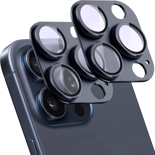2 Pack Camera Lens Protector for iPhone 15 Pro/15 Pro Max,[Not Easy to Breakn ] AR Tempered Glass Strong Adsorption Metal Camera Cover Screen-Inky blue