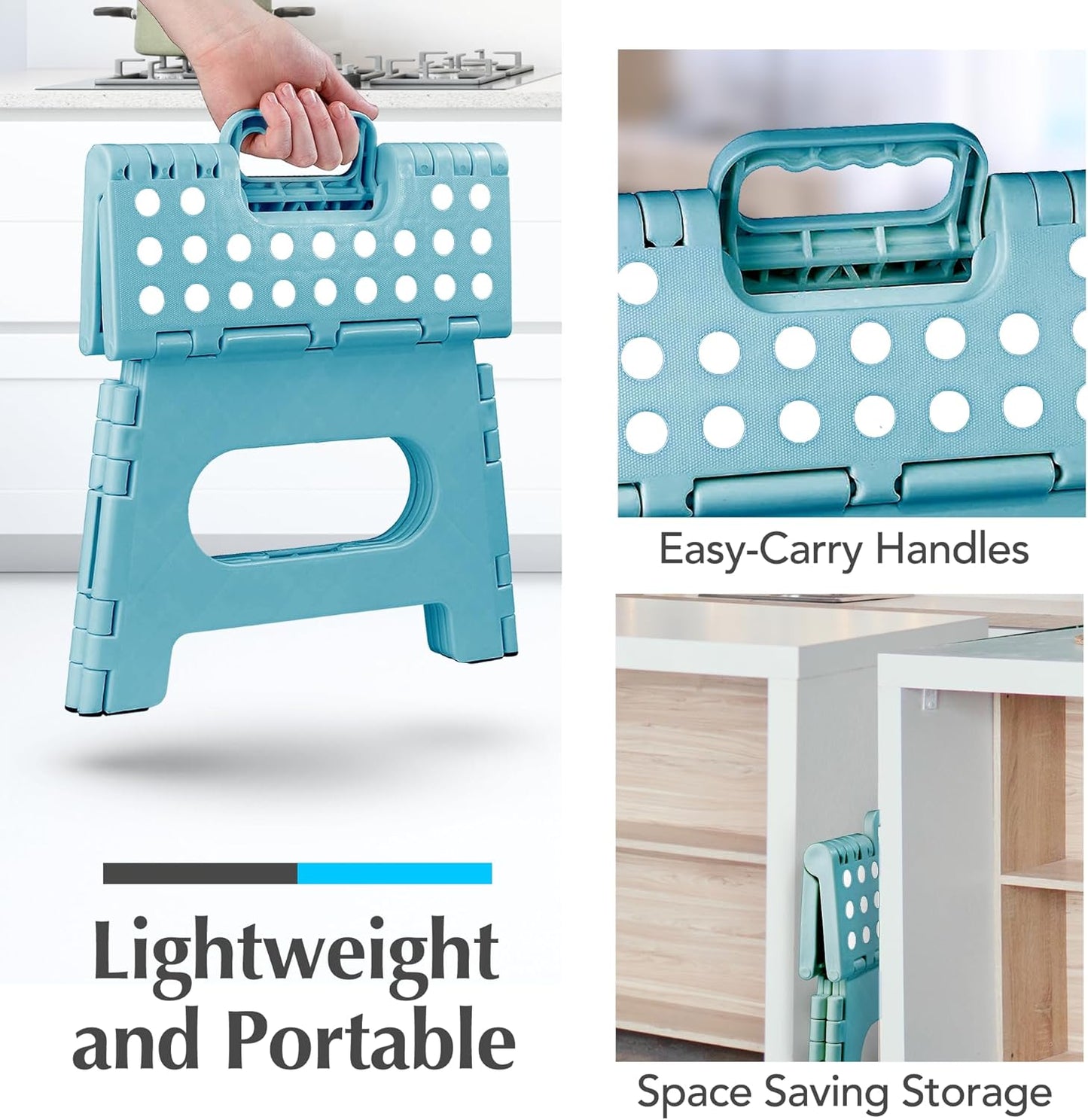 Handy Laundry Folding Step Stool 9 Inch – Sturdy Plastic Foldable Step Stool for Adults & Kids, 300 lb Capacity, Non-Slip, Lightweight, Portable with Handle for Kitchen, Bathroom, Bedroom – Teal