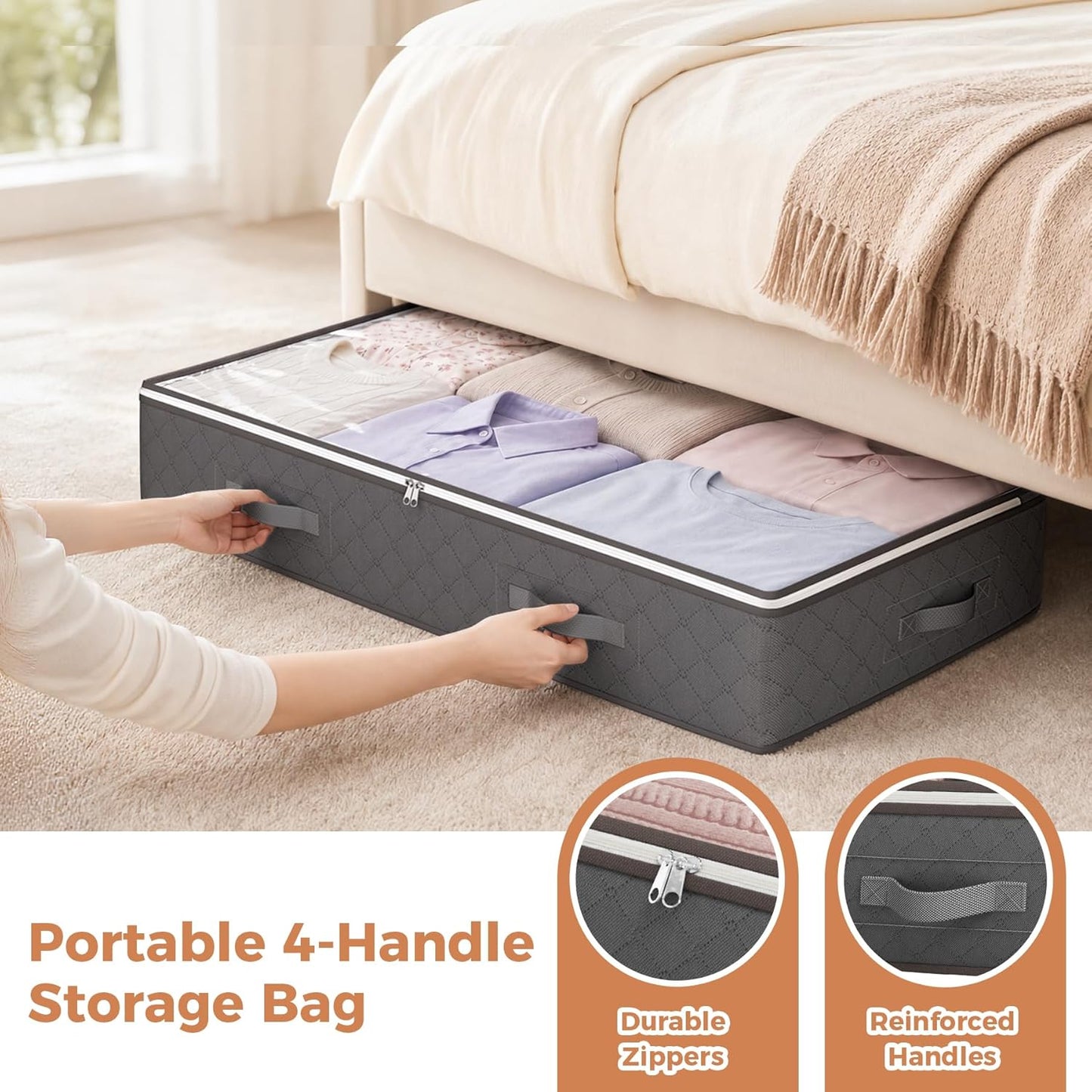 Budding Joy 90L Under Bed Storage Containers, Closet Organizers and Storage Bins, Foldable Underbed Storage Bags for Linen Sheets, Blanket, Clothing, Comforter, Sweaters, Pillows, Wrapping Paper, Grey