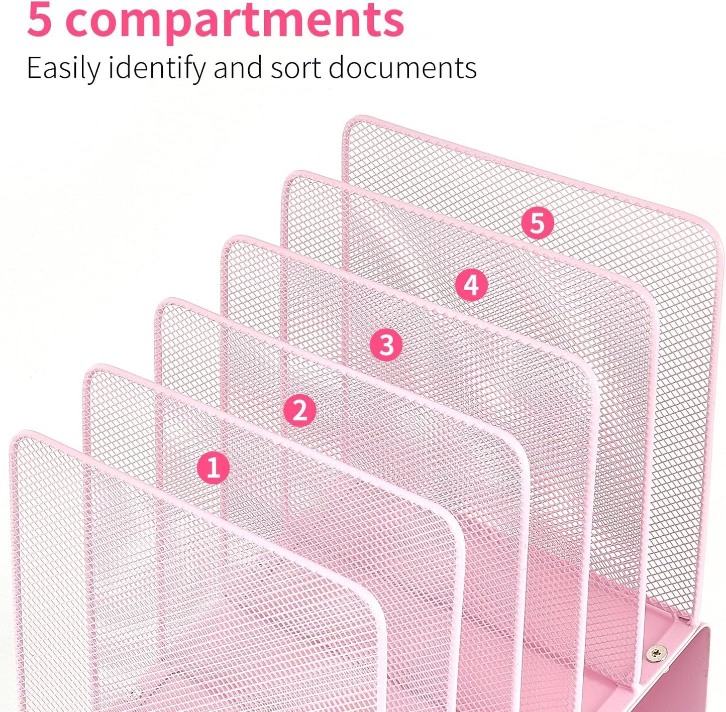 LEKETREE File Organizer for Desk, Desk Organizer with 5-Section Vertical File Rack, Folder Organizer,Workspace Organizers (Pink)