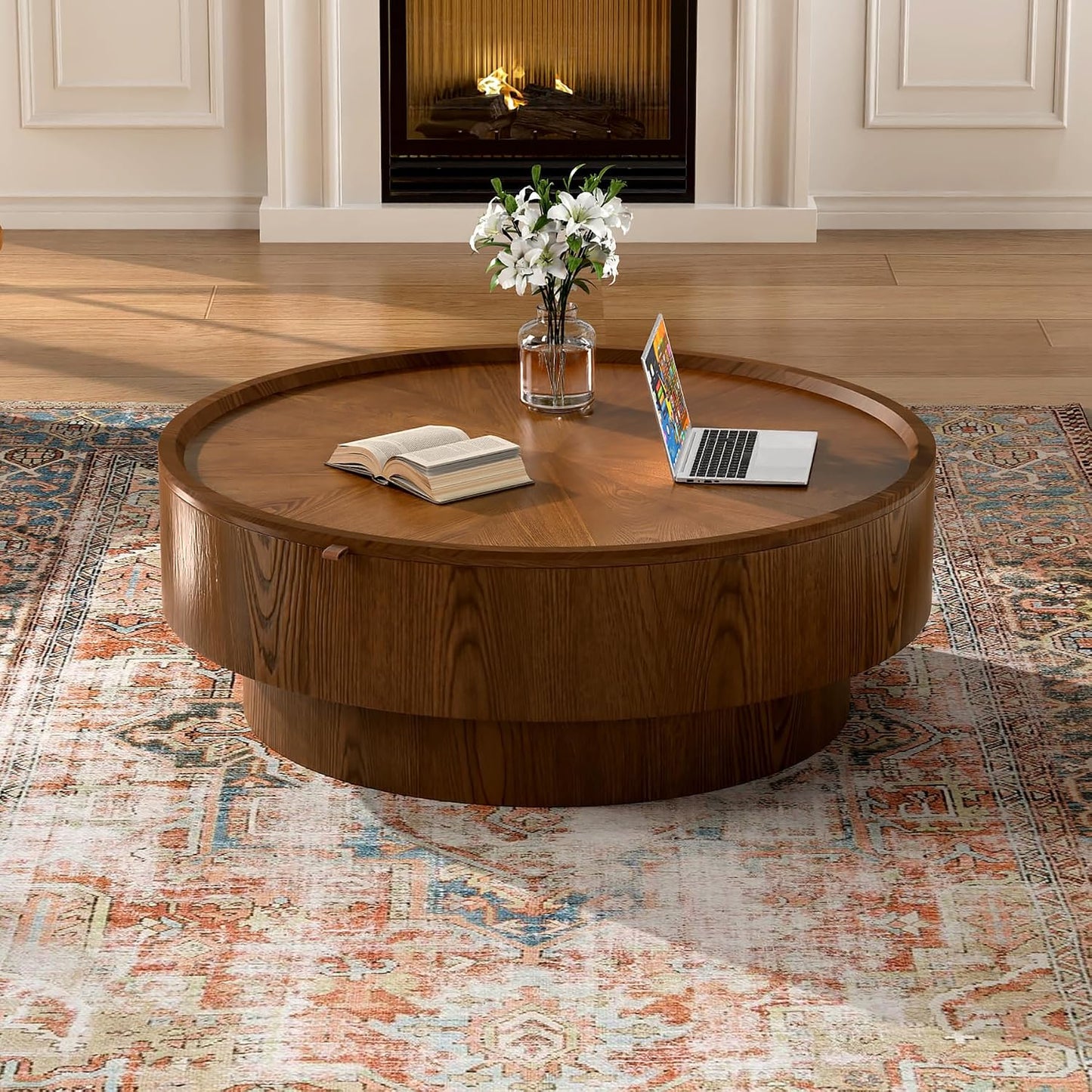30.7" Round Coffee Table with Storage, Drum Center Table for Small Spaces | Large Hidden Storage Compartment With Removable Lid Keeps Living Room Organized
