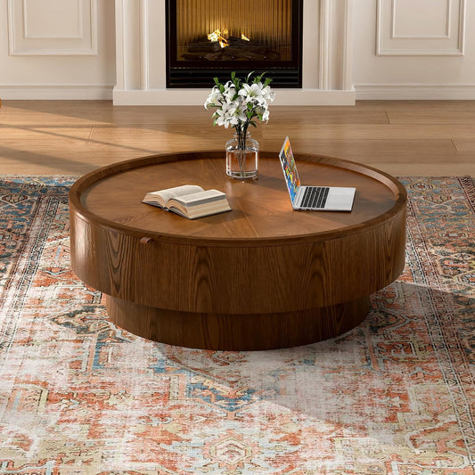 30.7" Round Coffee Table with Storage, Drum Center Table for Small Spaces | Large Hidden Storage Compartment With Removable Lid Keeps Living Room Organized