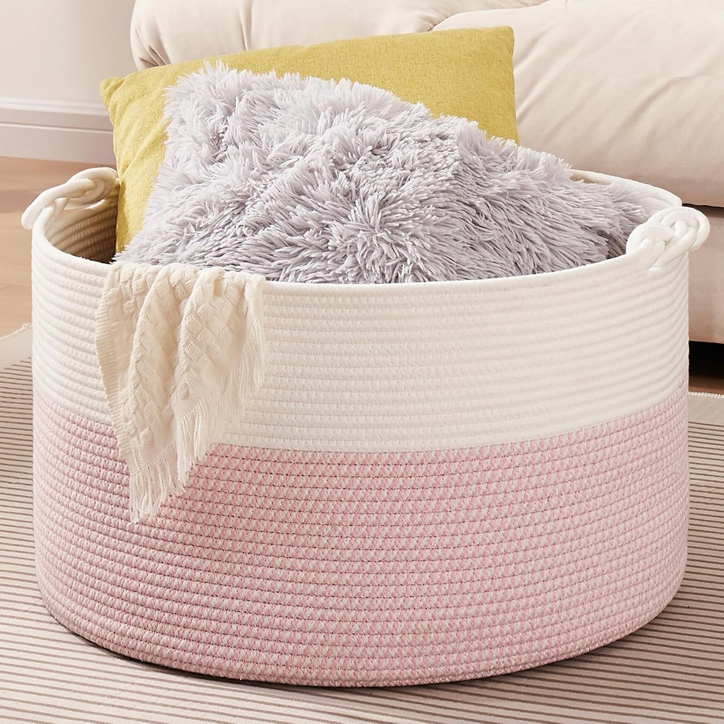 OIASKET Large Blanket Storage Basket for Living Room, 22.8" x 22.8" x 13" Woven Cotton Rope Basket with Handles, Baby Toy Storage, Laundry Hamper for Clothes, Pillows, Towels-Pink and White