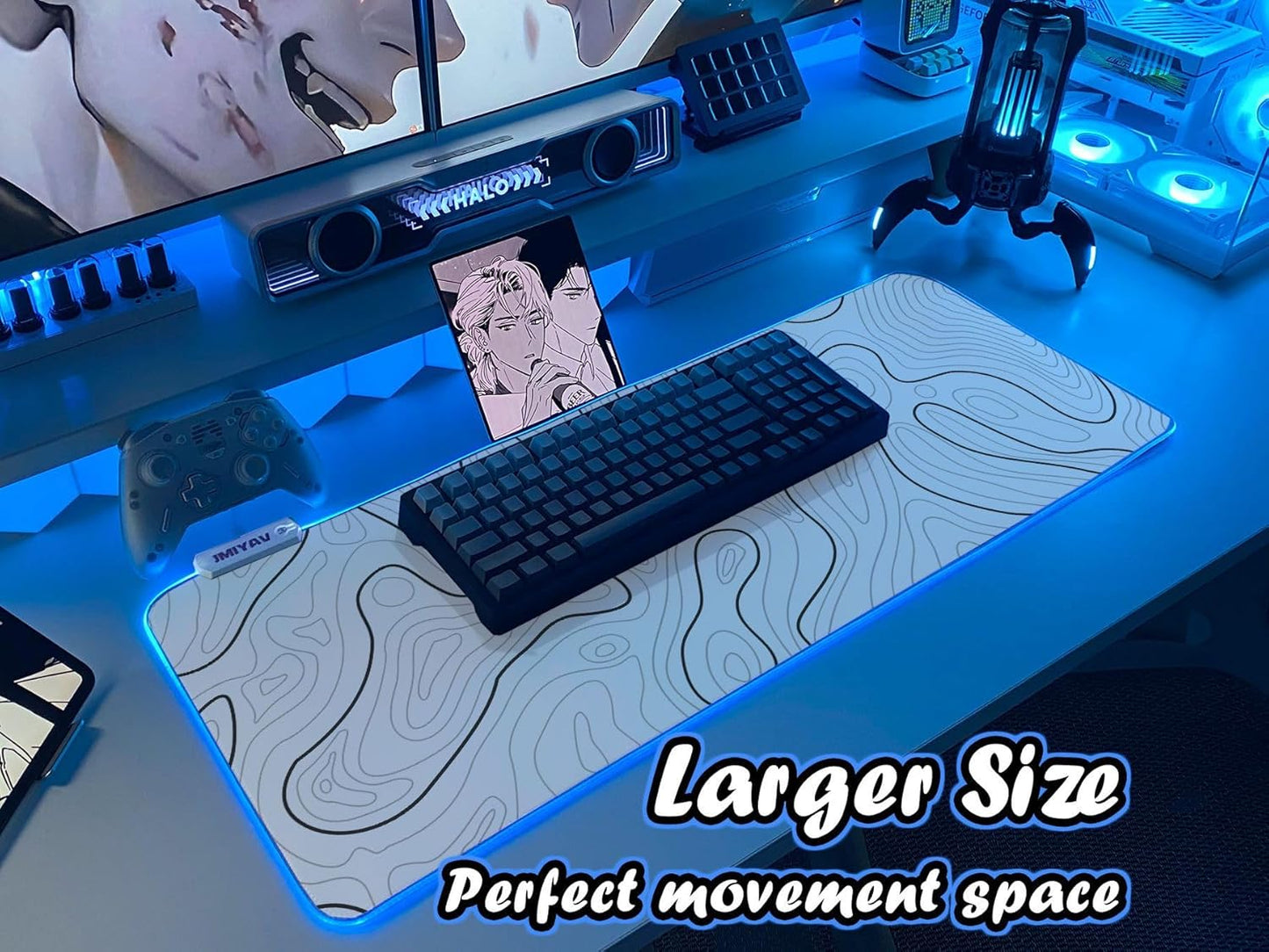 JMIYAV White Gaming Mouse Pad RGB Mousepad 31.5x12In Non-Slip Rubber Base Extra Large Cool XL XXL Computer Desk Pad Gaming Accessories Setup LED Light Up Big Mouse Pad for Gamer Topographic White