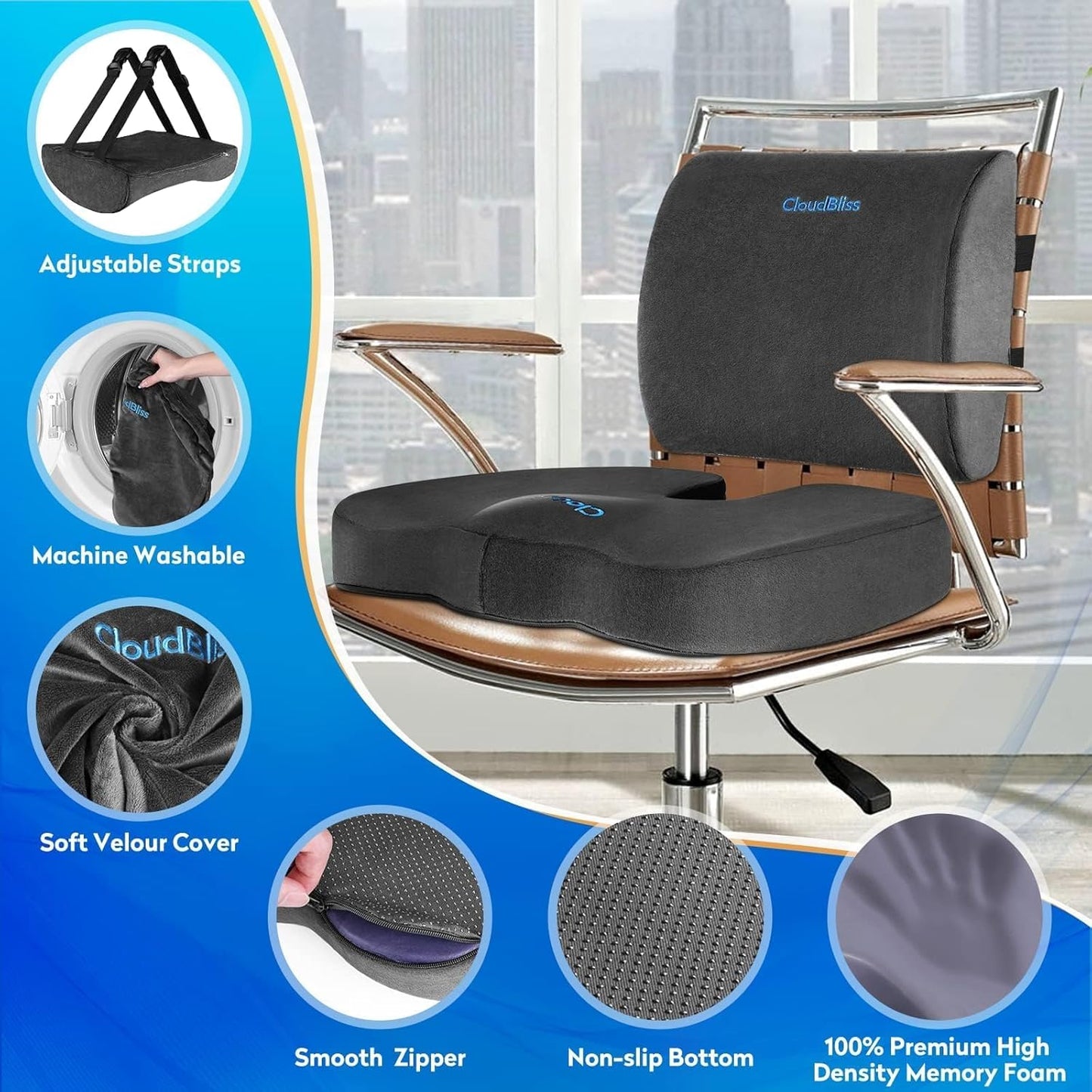 CloudBliss Lumbar Support Pillow & Seat Cushion Set for Office Chair, Desk Chair, Wheelchair & Car – Memory Foam Back Support, Ergonomic Chair Cushions, Sciatica Pain Relief, Home Essentials, Grey