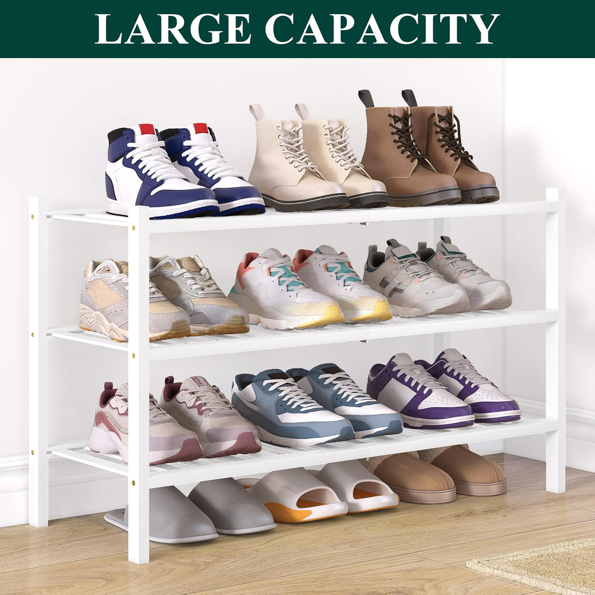 Smiry Bamboo Shoe Rack for Closet, 3 Tier - 26.77" Wide, White