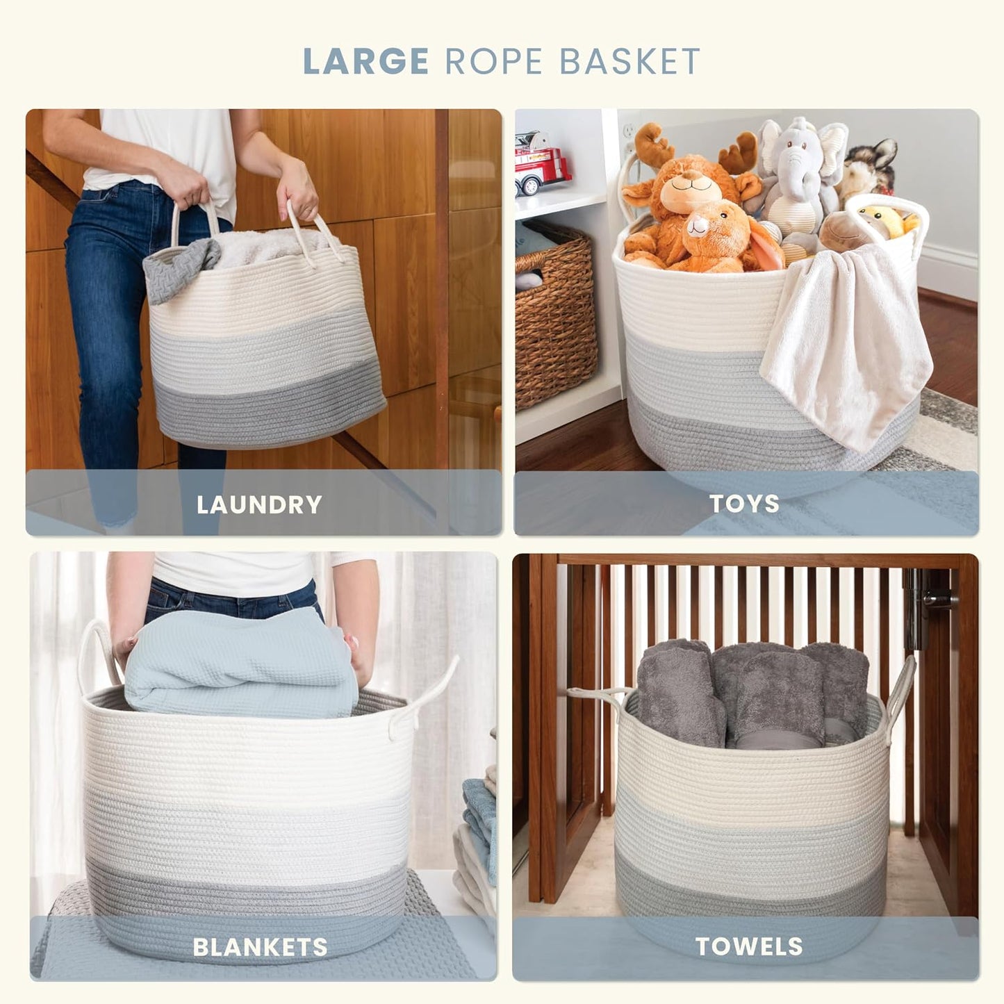 OrganiHaus Round Toy Basket & Blanket Basket, Cotton Rope 20x13" | 3-Toned Gray - Round Cotton Rope Basket, 20x13"