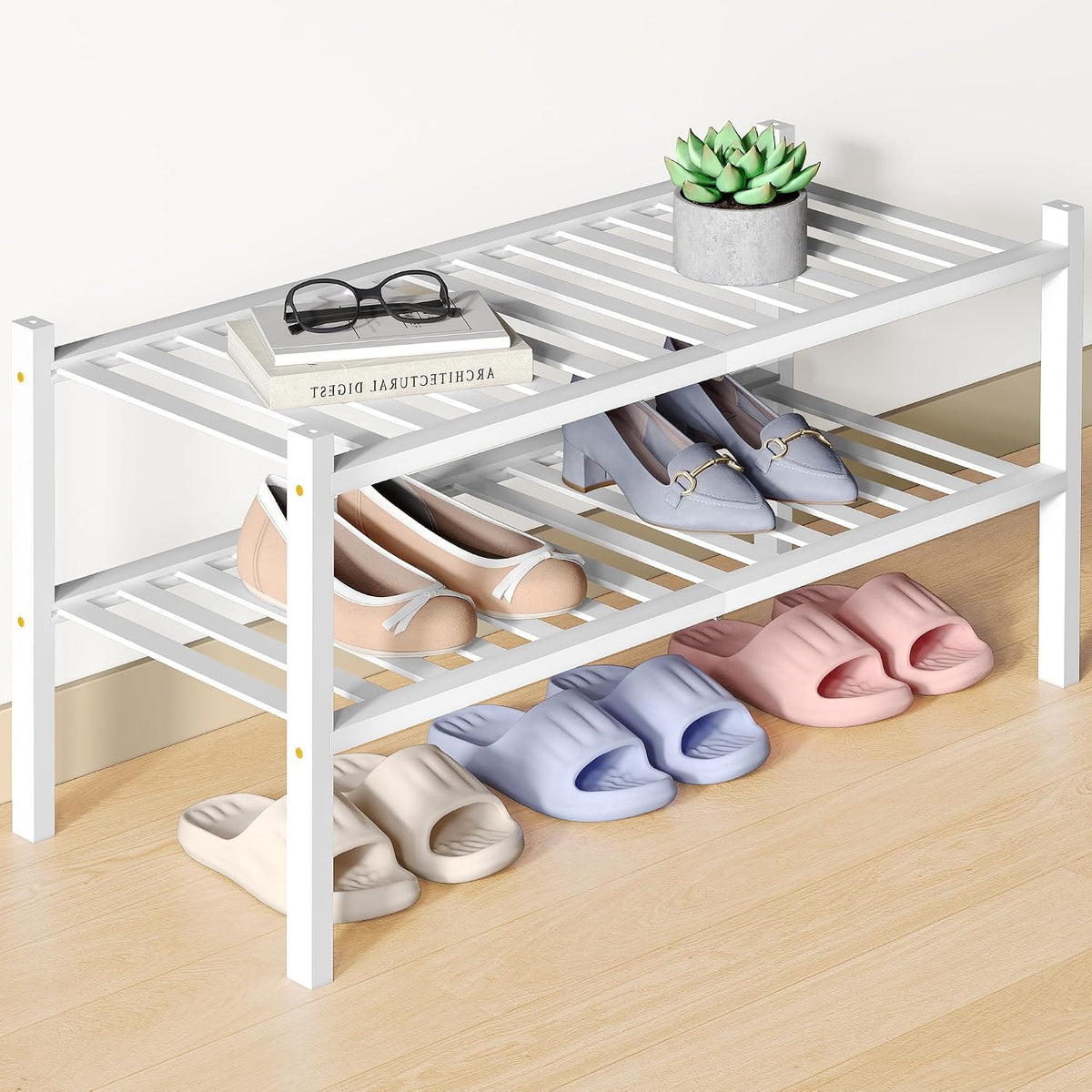Smiry Bamboo Shoe Rack for Closet, 2 Tier - 26.77" Wide, White