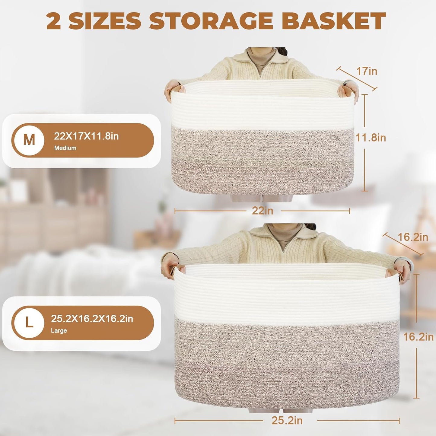 danpinera Blanket Basket, 72L Woven Storage basket with Leather Handle, Eco-friendly Decorative Storage Organization in Bathroom & Living Room for Towels 22 ''*17 ''*11.8 '', Gradient Brown