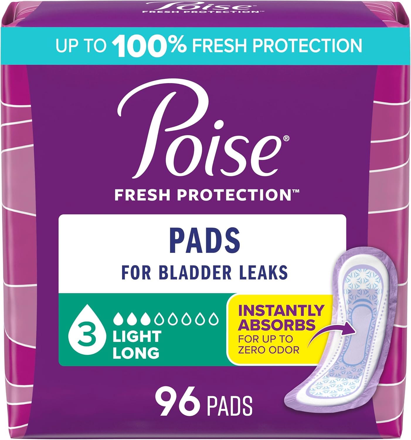 Poise Incontinence & Postpartum Pads for Bladder Leaks, 3 Drop Light Absorbency, Regular Length, 54 Count, Packaging May Vary