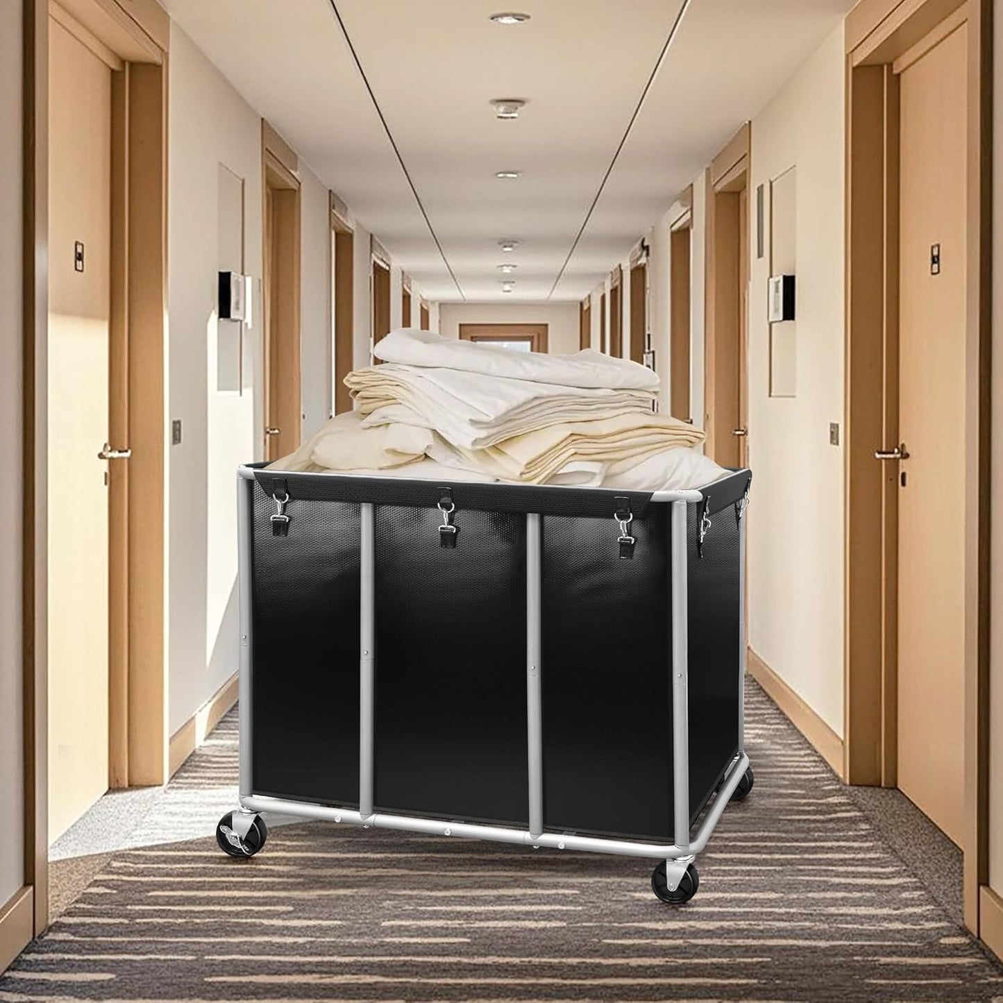 STORAGE MANIAC Commercial Laundry Cart with Wheels 420L Sturdy Steel Frame Heavy Duty Rolling Laundry Hamper on Wheels Big Laundry Basket with Removable Waterproof Liner Bag, 400 lbs Load, Black