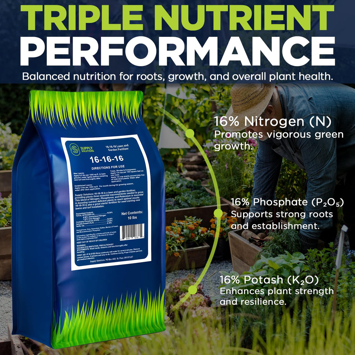 Supply Solutions 16-16-16 Complete Lawn & Garden All Purpose Granular Fertilizer - The Ultimate Plant Food for Lush Greenery & Vibrant Blooms - for All Plants, Vegetables, Fruits, and Berries - 10lbs