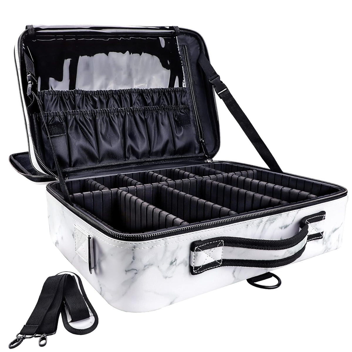 gzcz Large Capacity Travel Makeup Case Organizer,Professional Cosmetic Bags for Women,Waterproof PU Leather Makeup Bag with Adjustable Dividers and Shoulder Strap for Brushes and Jewelry