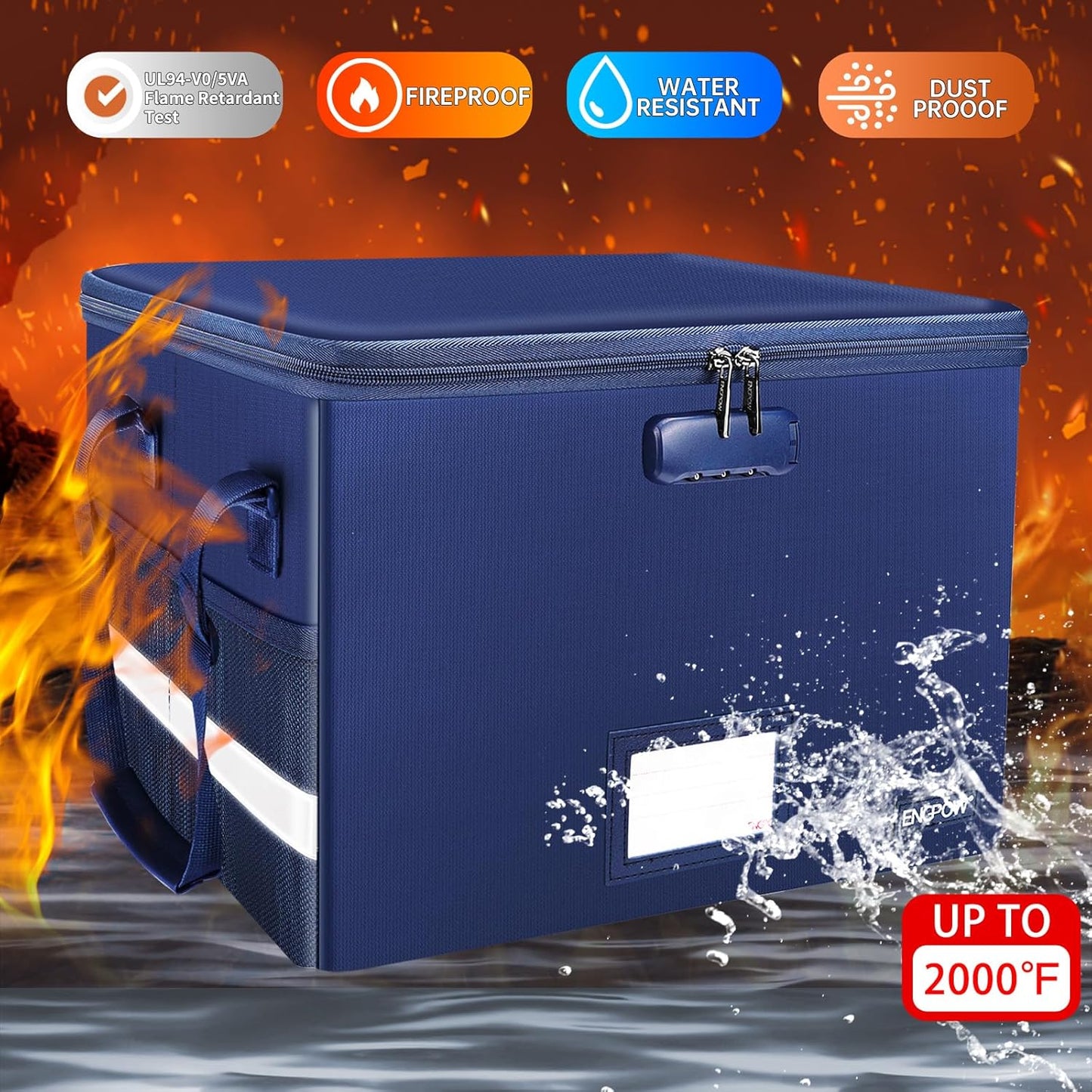 ENGPOW File Box with Lock, Fireproof Document Box with Zipper＆Pockets, Collapsible File Organizer Filing Storage Cabinet with Handle, Portable Home Office Safe for Hanging Letter/Legal Folder, Blue