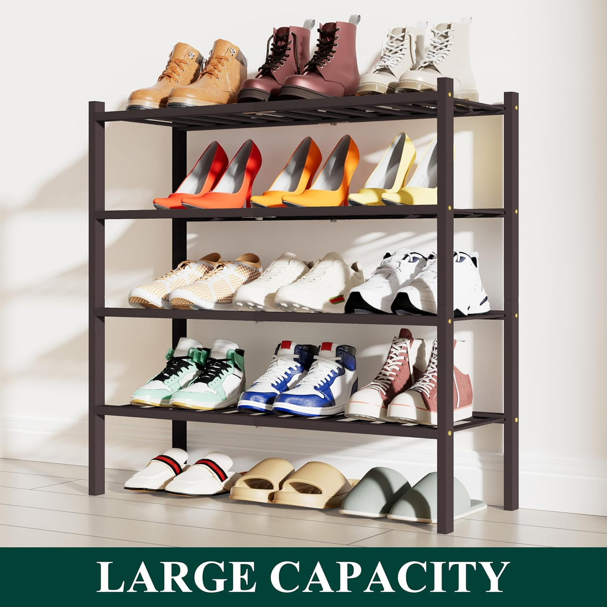 Smiry Bamboo Shoe Rack, 12 Vertical Slats, 4 Tier - 26.8" Wide, Brown