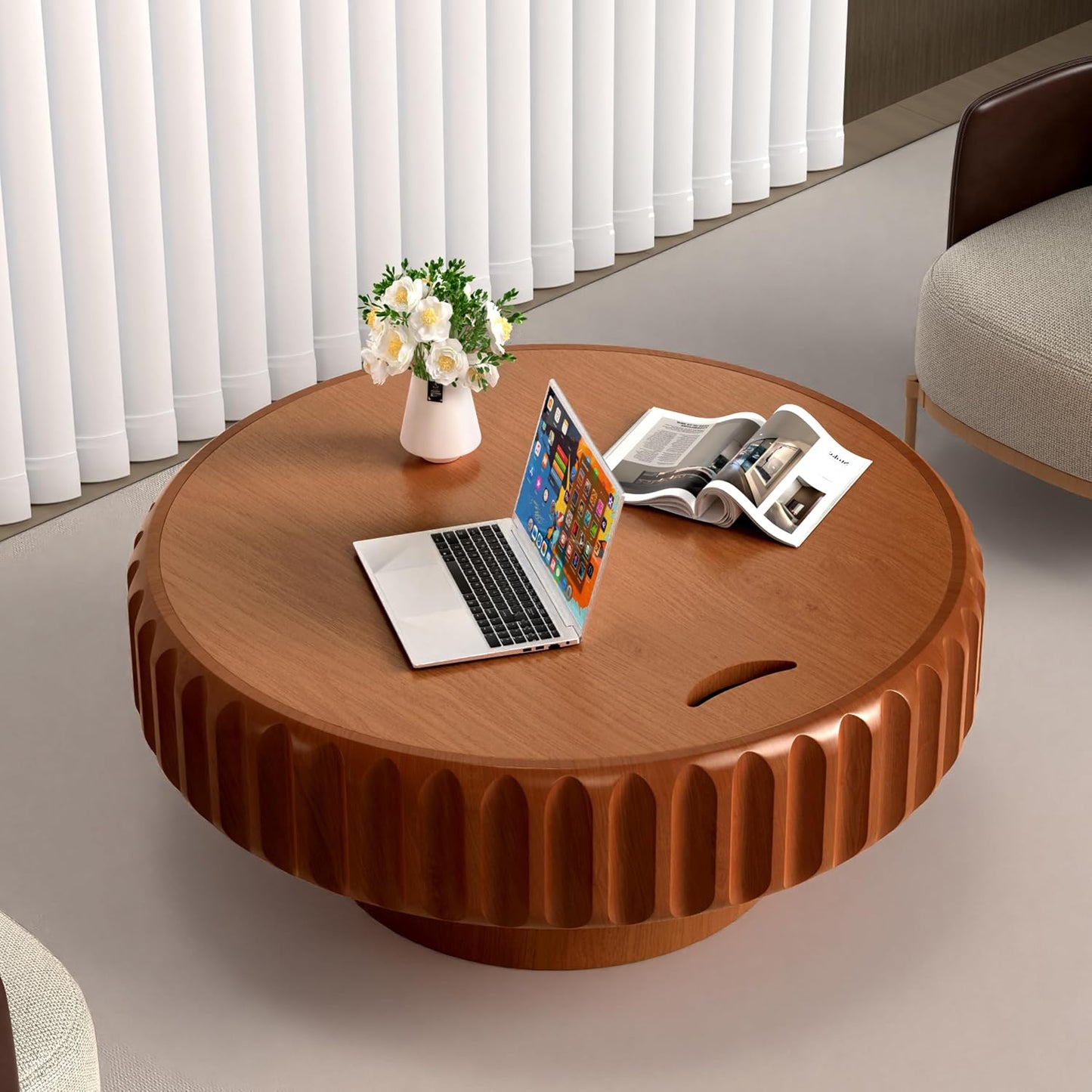 31.5" Round Drum Coffee Table with Storage (A 31.5in) | Rustic Chic Fluted Center Table - Handcraft Solid Wood Veneer Edge | for Living Room Farmhouse