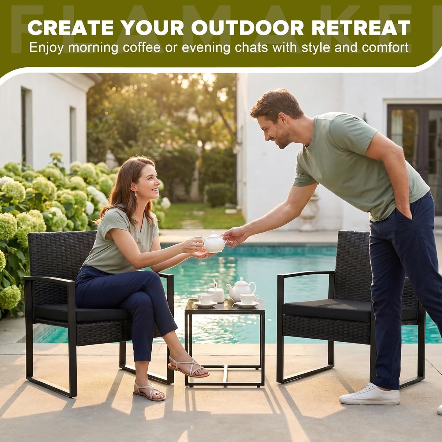 Flamaker 3 Pieces Outdoor Patio Wicker Furniture Set, Modern Rattan Chair Conversation Sets with Coffee Table for Yard and Bistro (Black)