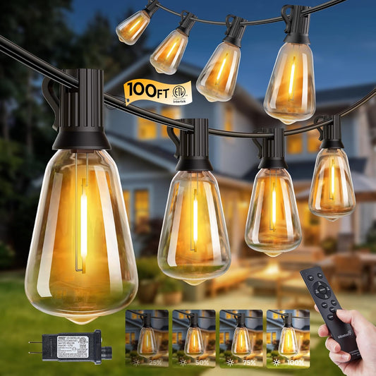 Minetom 100FT Outdoor-String-Lights with Remote, Shatterproof ST38 LED Bulbs, Waterproof Patio Lights with 3 Modes, Dimmable & Connectable 2700K Hanging Lights for Backyard Porch Deck Balcony