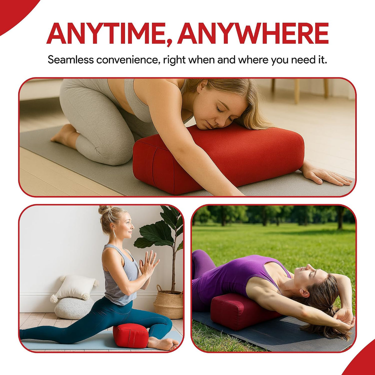 Rectangular Yoga Bolster Pillow for Meditation, Yoga & Back Support – Soft Meditation Cushion with Removable Hand Wash Cotton Cover & Carry Handle (Red)