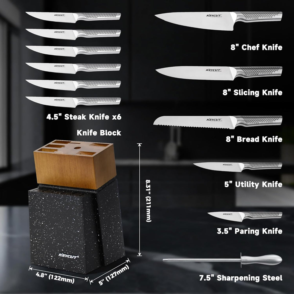 KEYCUT 13 PCS Knife Set with Block, Upgraded 5Cr15Mov High Carbon Stainless Steel Kitchen Knife Sets with Block and Sharpener, Ergonomic Full-Tang Handle, Professional Kitchen Knife Set