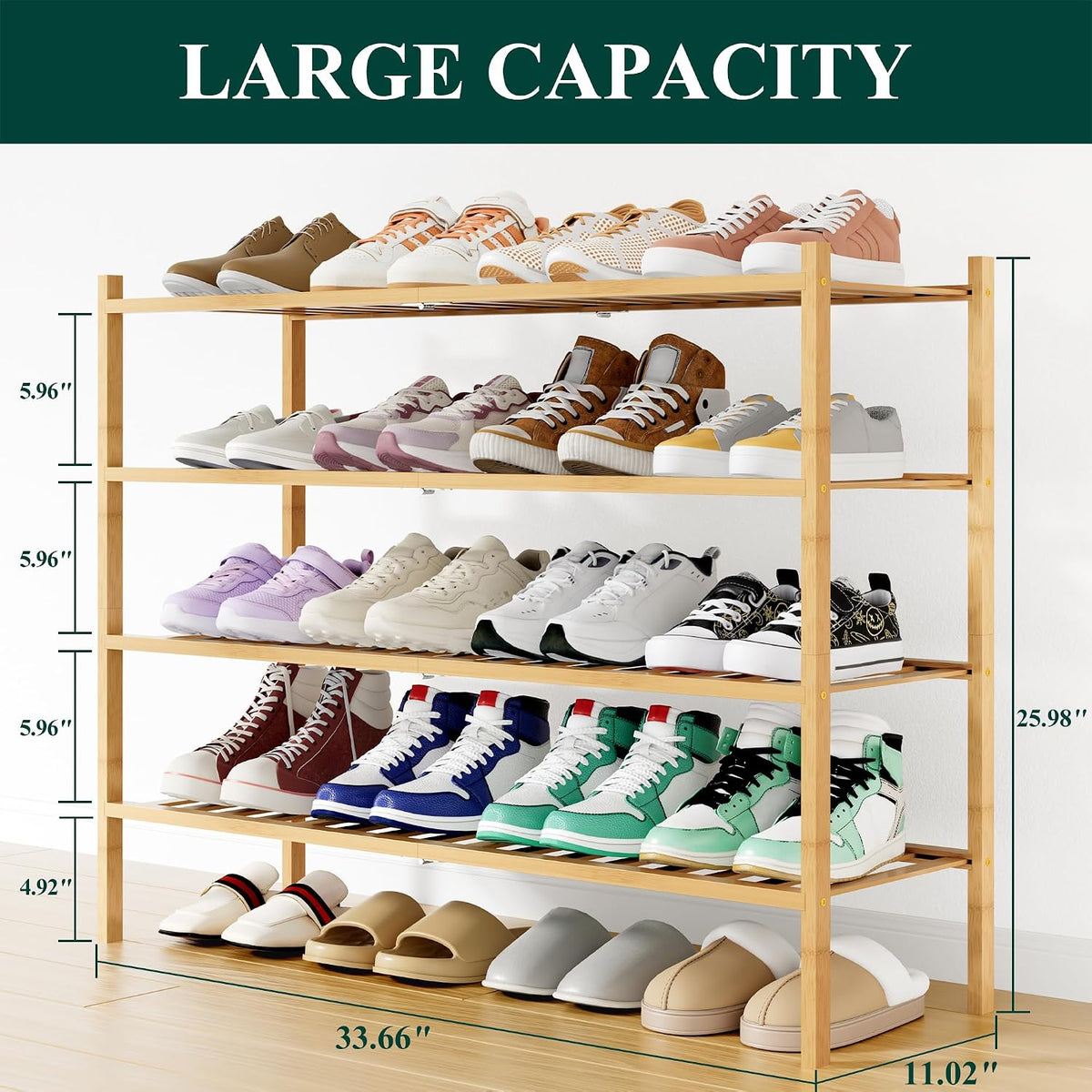 Smiry Bamboo Shoe Rack, 16 Vertical Slats, 4 Tier - 33.7" Wide, Natural